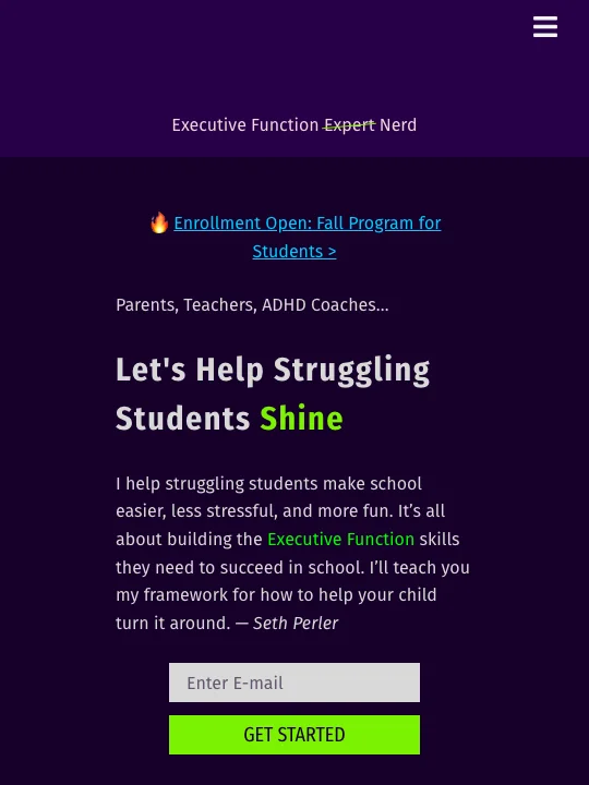 Mobile homepage of the Seth Perler website